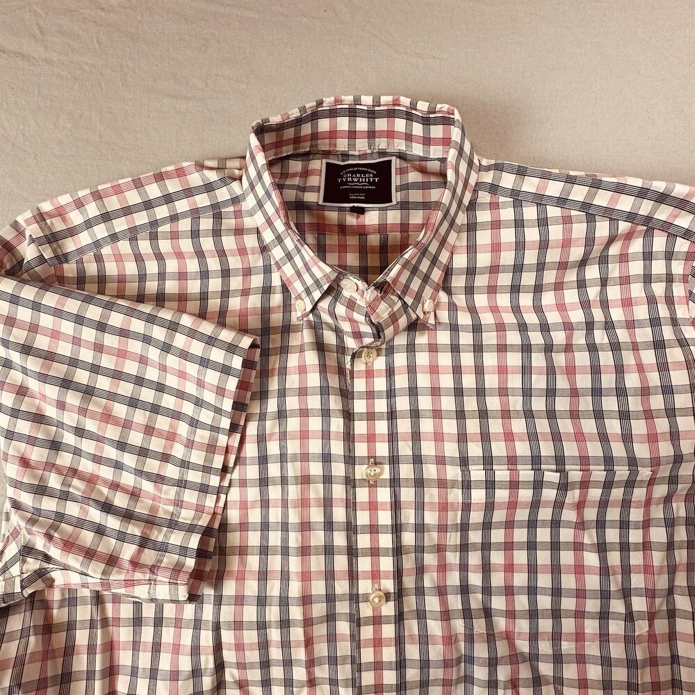 Charles Tyrwhitt Button Down Short Sleeve Men’s XL Slim Shirt Pink/blue Plaid